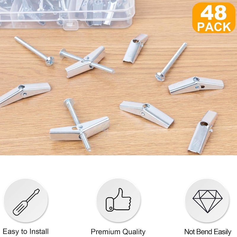 KURUI 1/8 Toggle Bolts for Drywall, 48 Pcs Heavy Duty Metal Drywall Anchors Kit, Dry Wall Anchors and Screws Kit, Butterfly Anchors for Ceiling, Sheetrock, Hollow Wall - Image 2